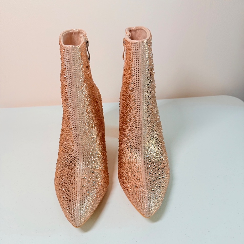 * Berness Rose Gold Ankle Boots With Rhinestone Embellishments 3" Block Heel - Picture 5 of 8